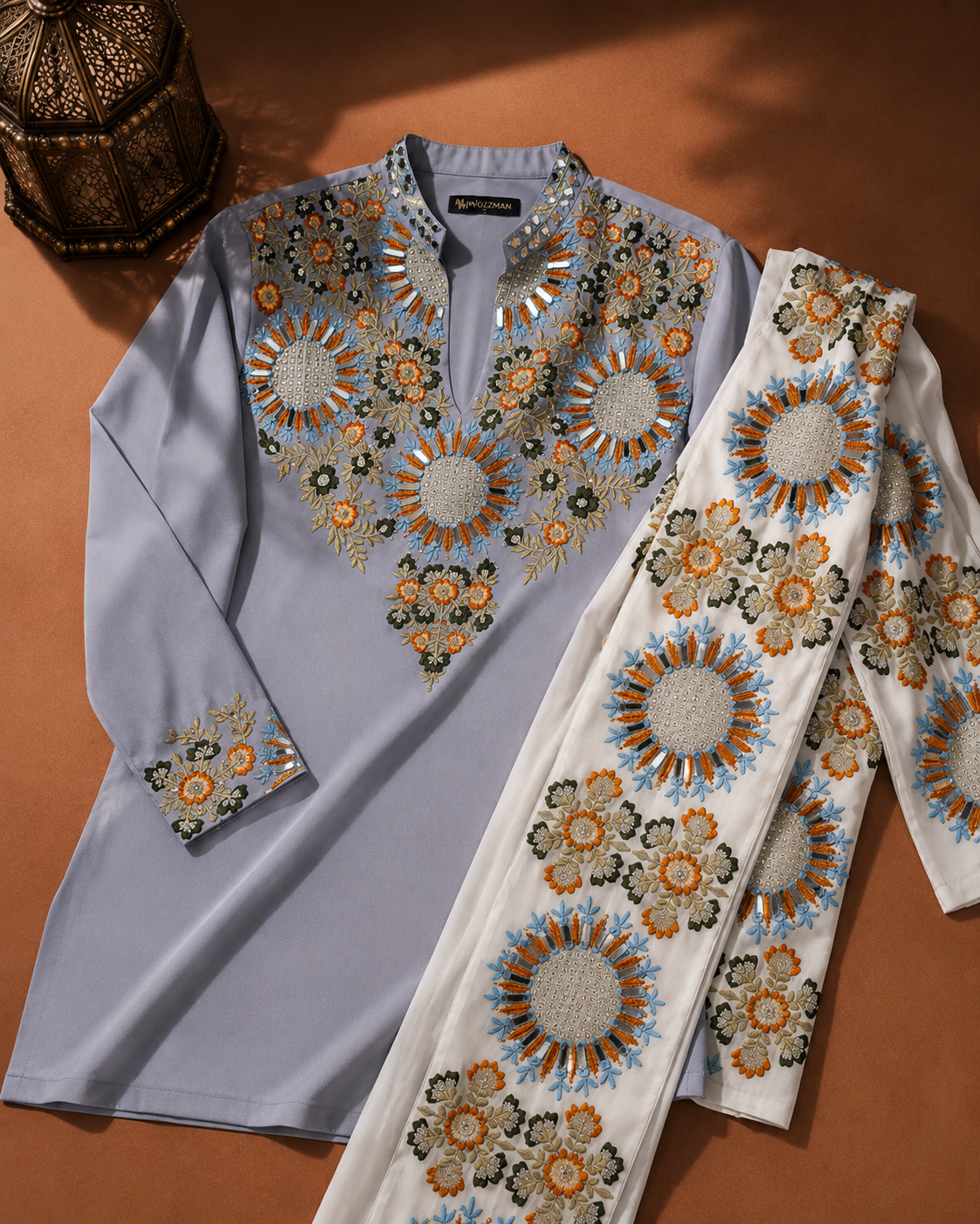 Men’s Light Blue Embroidered Kurta with Floral Stole | Premium Festive & Wedding Wear