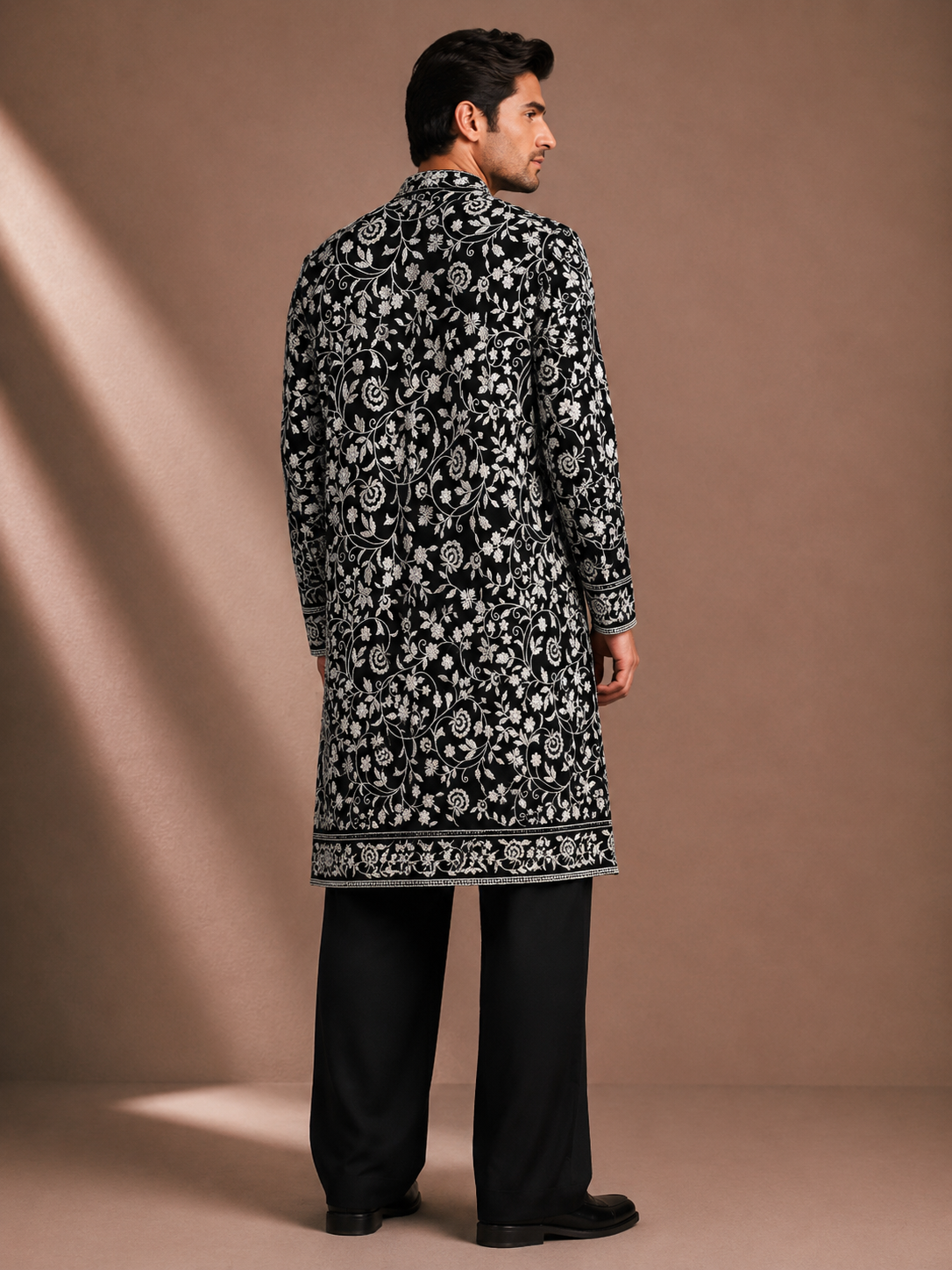 Men's Black Floral Printed Kurta | Premium Ethnic Wear for Festive & Wedding Occasions