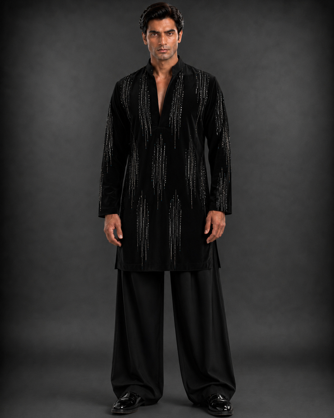 Men's Black Velvet Embellished Designer Kurta | Premium Party Wear, Wedding & Festive Kurta for Men