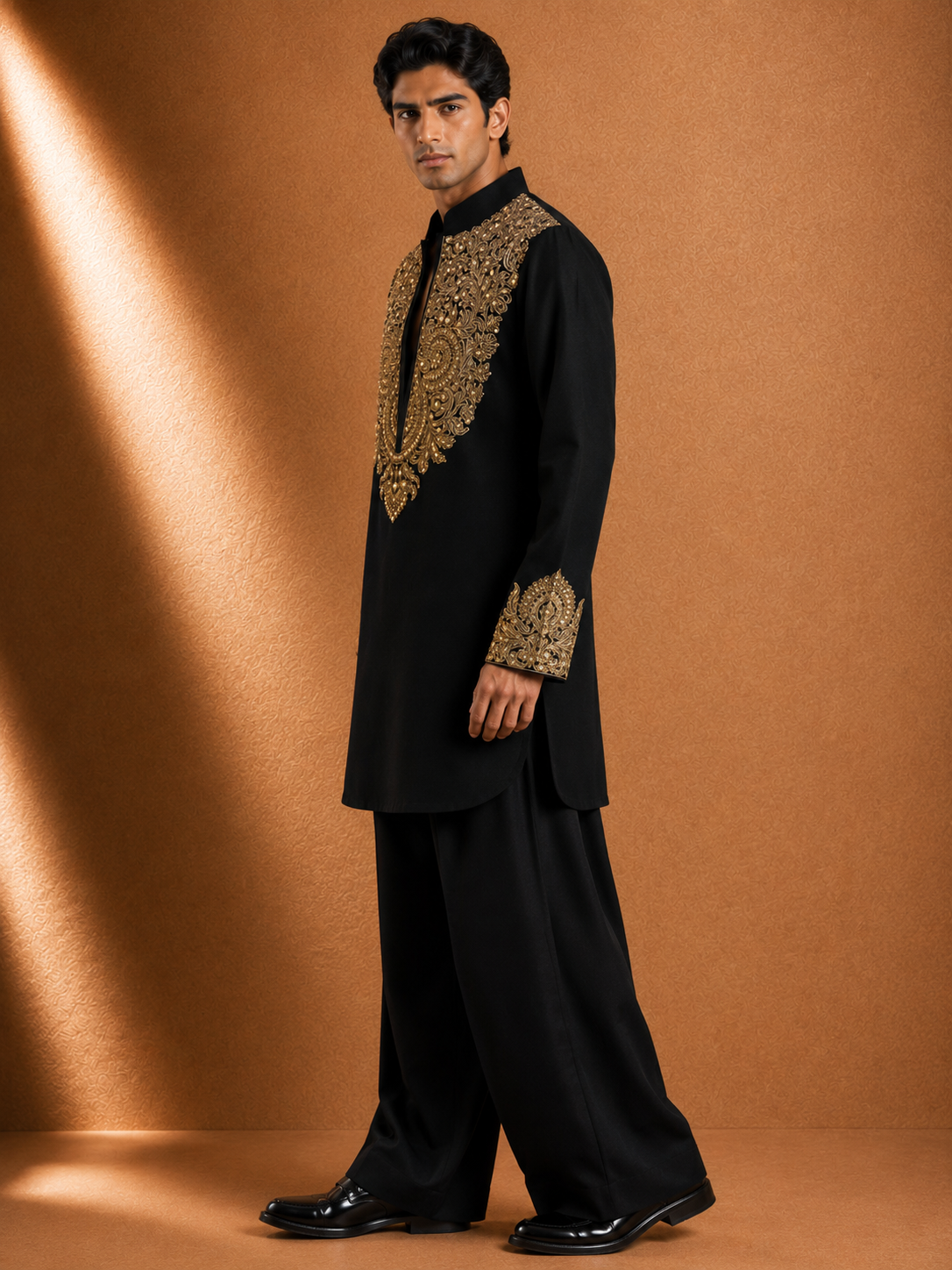 Men's Black Heavy Gold Embroidered Kurta | Premium Ethnic Wear for Festive & Wedding Occasions