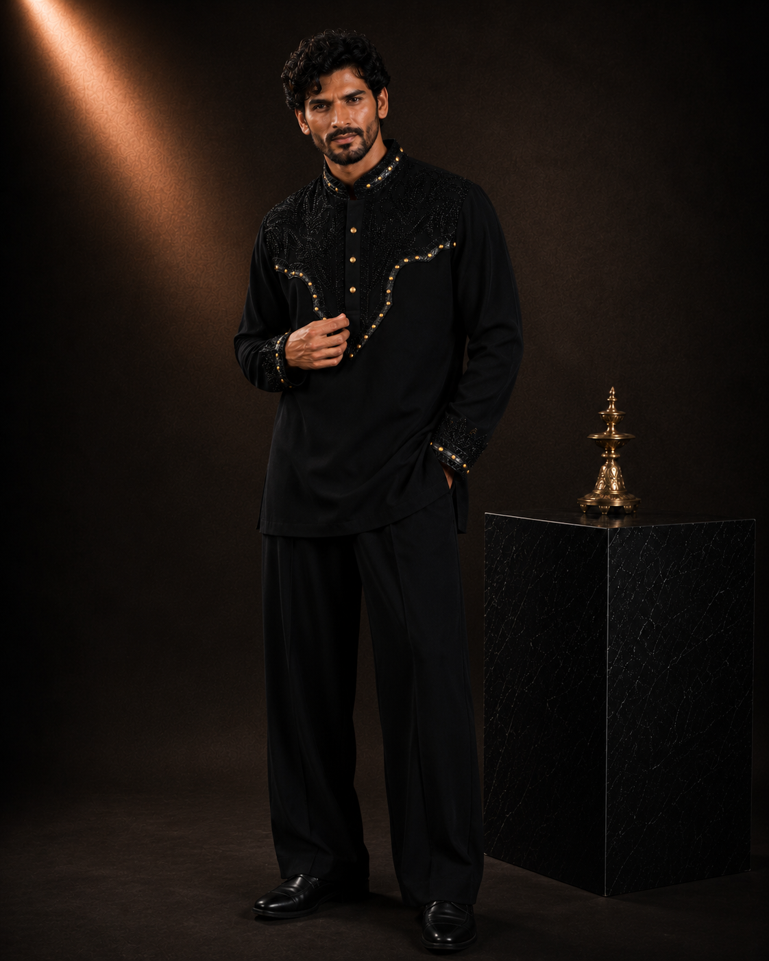 Black Tonal Embroidered Short Kurta with Gold Accent Detail for Men | Party & Festive Wear