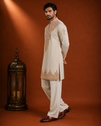 Beige Multi-Tonal Embroidered Kurta for Men | Groom & Wedding Festive Wear