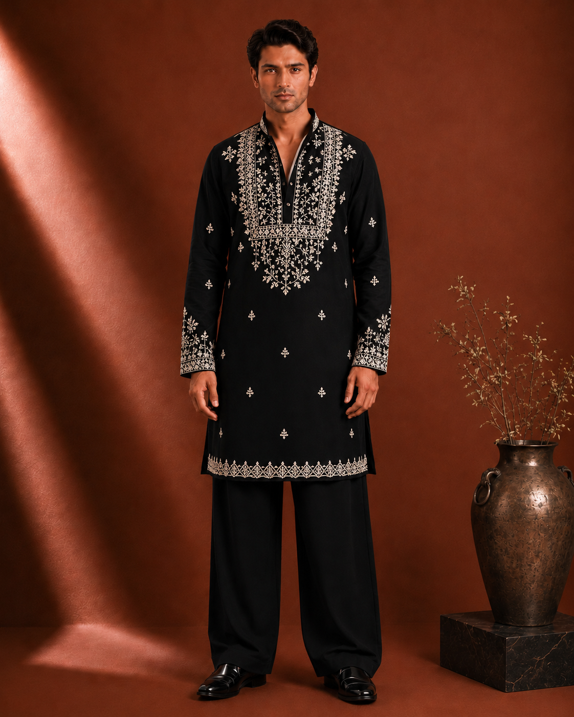Black Silver-Ivory Embroidered Kurta for Men | Festive & Wedding Party Wear