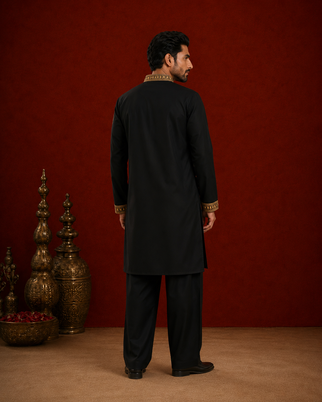 Black Gold Paisley Embroidered Buttoned Kurta for Men | Festive & Wedding Wear