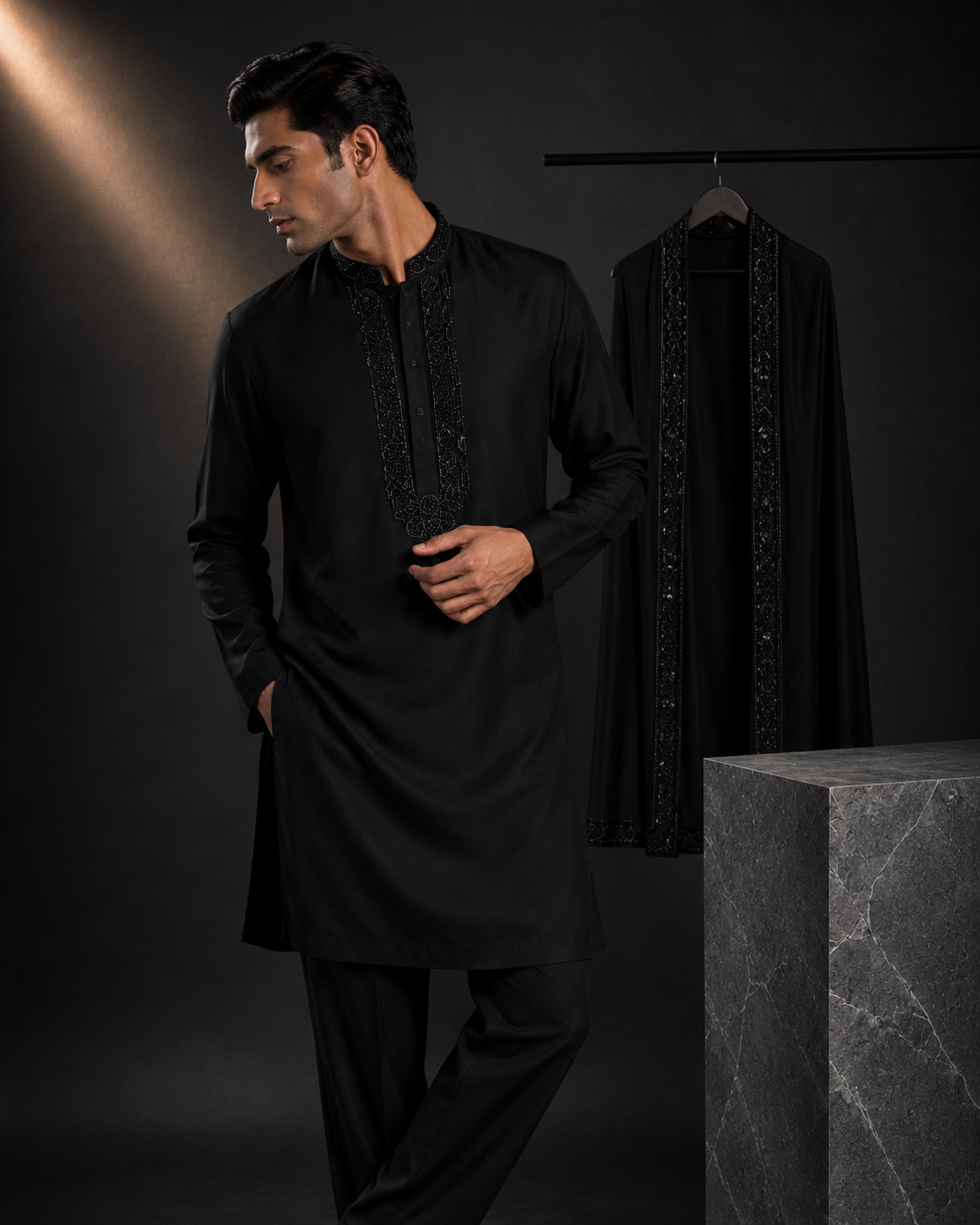 Men's Black Designer Kurta with Embroidered Stole | Premium Ethnic Kurta for Weddings, Festive Wear