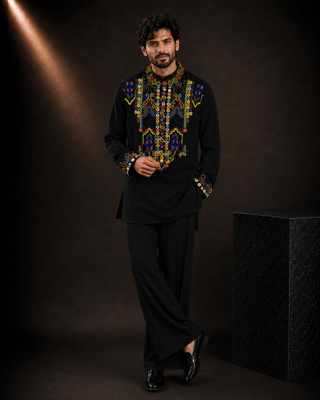 Men’s Black Multicolor Embroidered Kurta | Designer Ethnic Wear