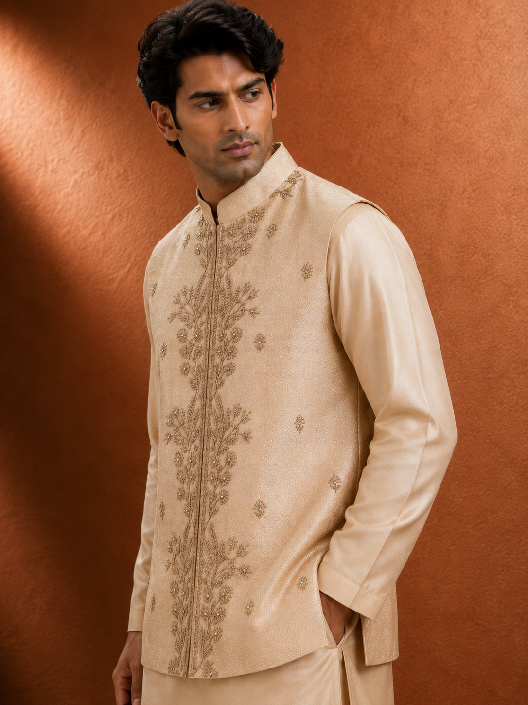 Men's Beige Embroidered Kurta with Embroidered Jacket