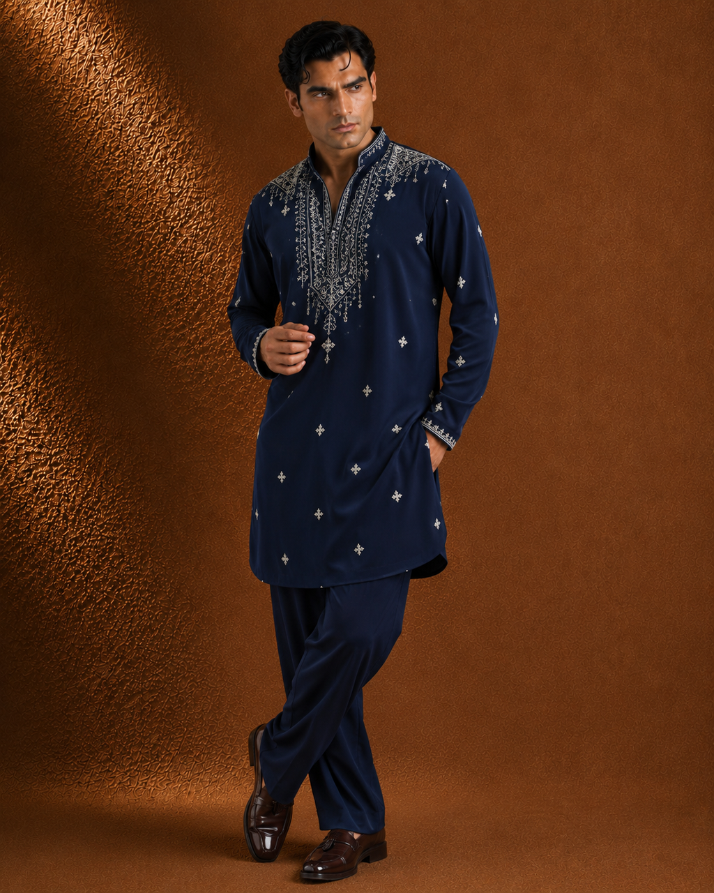 Royal Navy Blue Silver Embroidered Kurta for Men | Festive & Wedding Party Wear