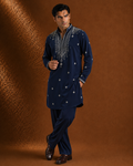 Royal Navy Blue Silver Embroidered Kurta for Men | Festive & Wedding Party Wear