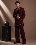 Burgundy Velvet Gold Embroidered Short Kurta for Men | Festive & Wedding Party Wear