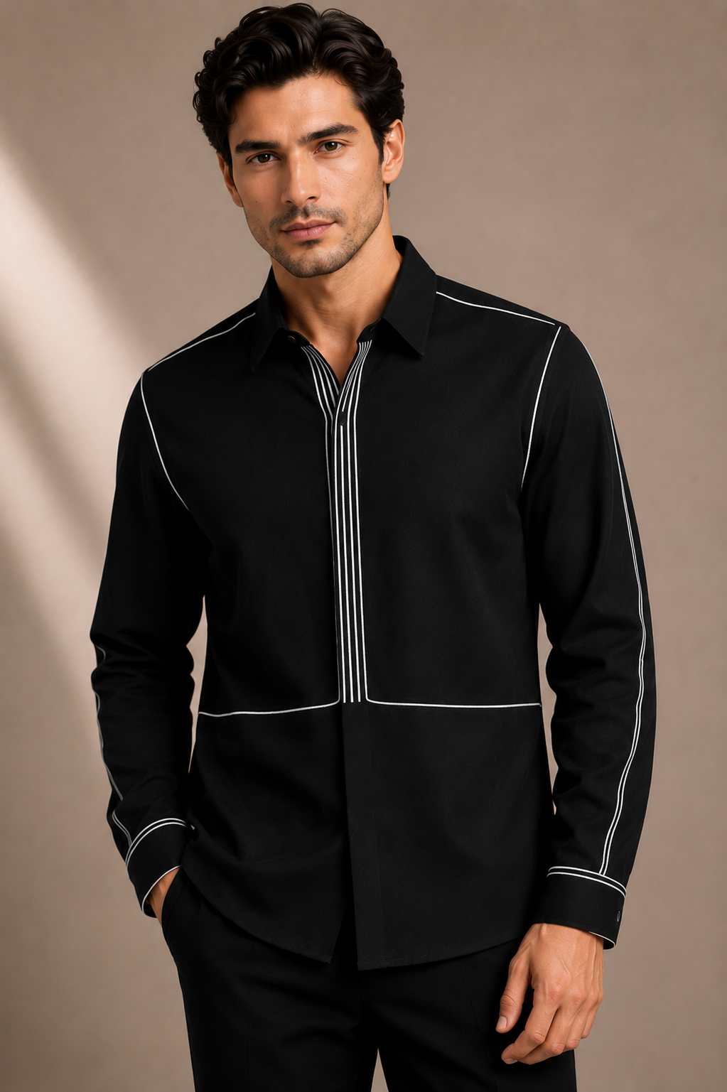 Men's Black Contrast Stitch Shirt | Premium Full Sleeve Designer Casual Shirt
