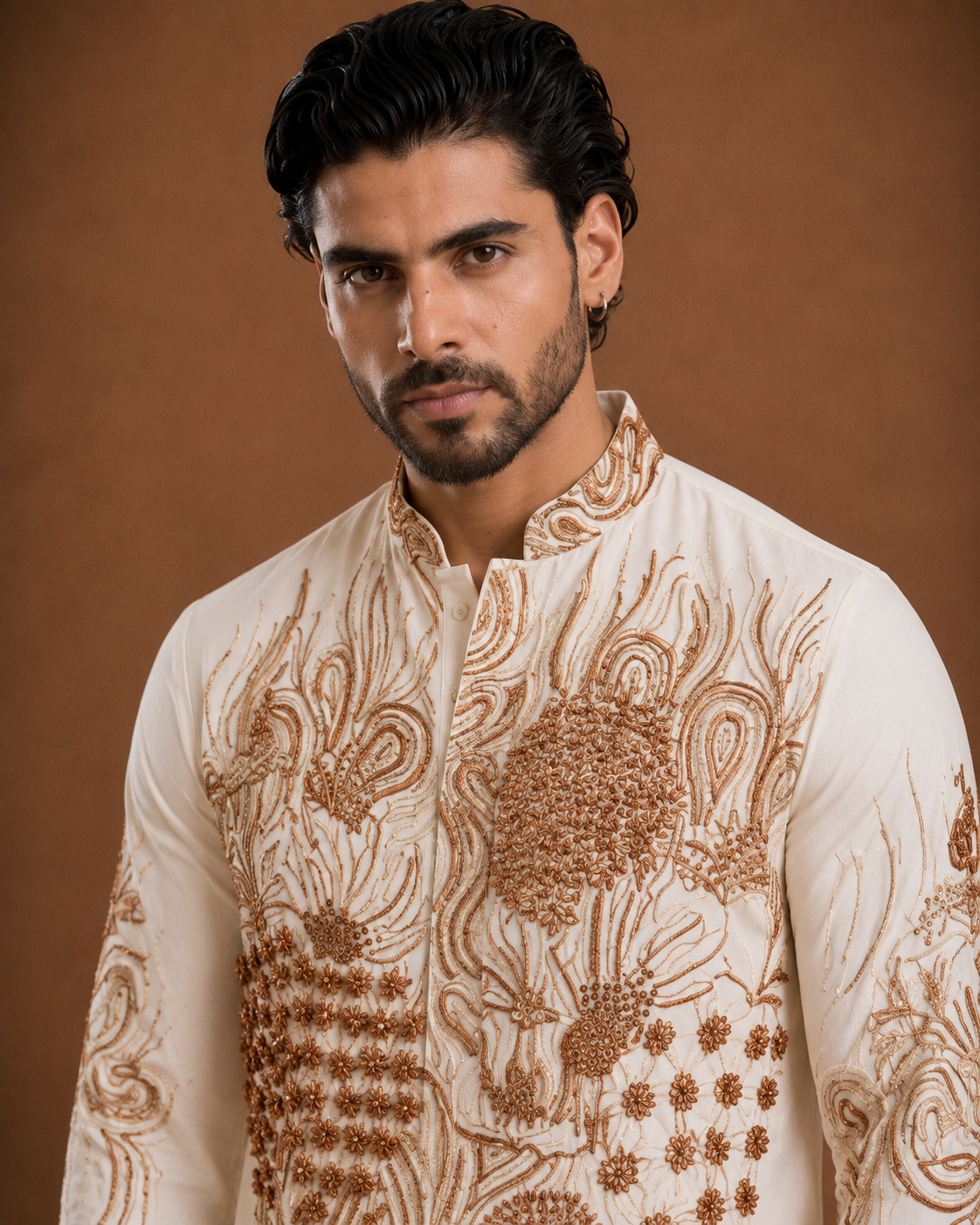 Men's Cream Floral Embroidered Kurta | Premium Designer Festive & Wedding Kurta