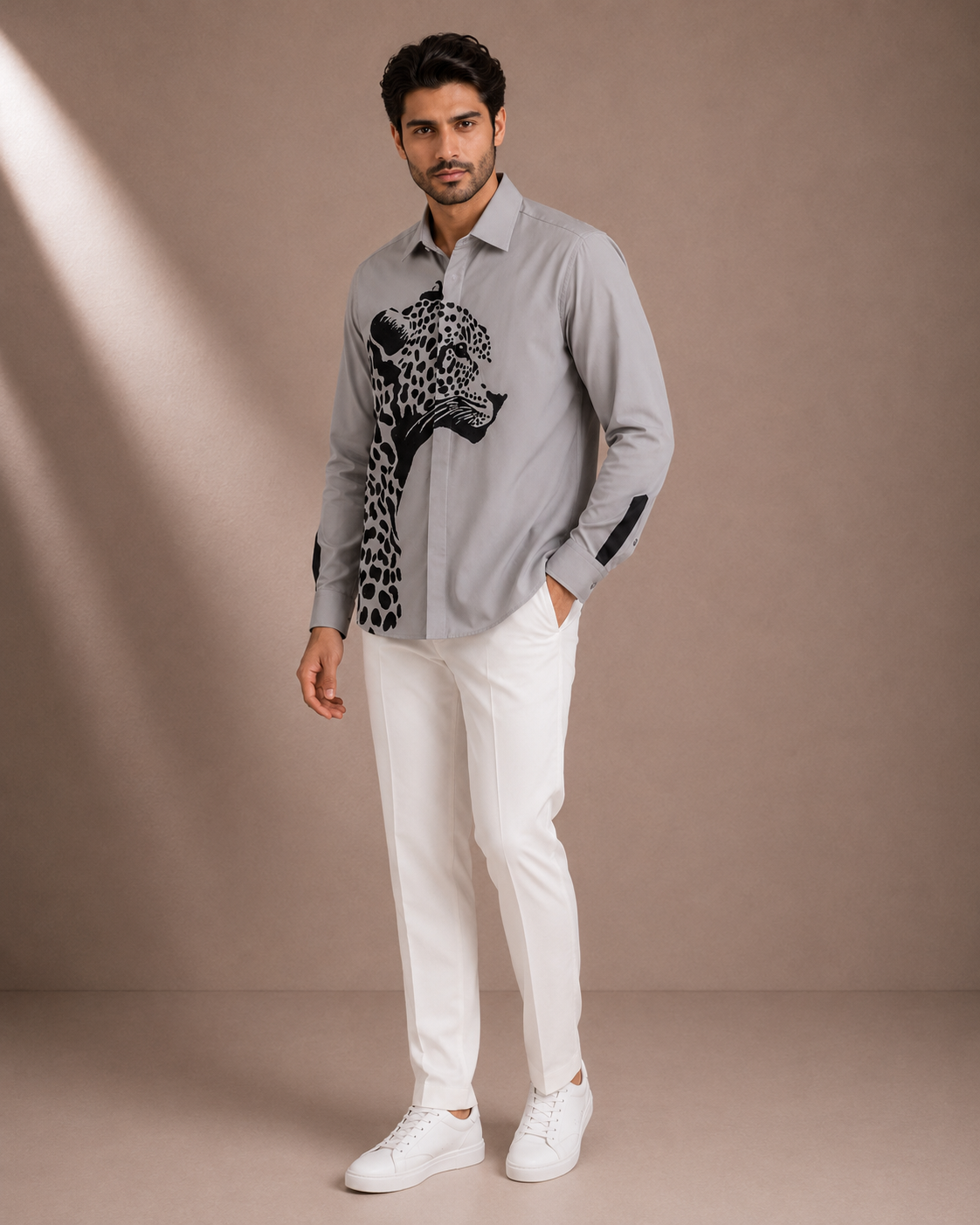 Men's Grey Leopard Print Premium Full Sleeve Shirt | Slim Fit Casual Party Wear Shirt