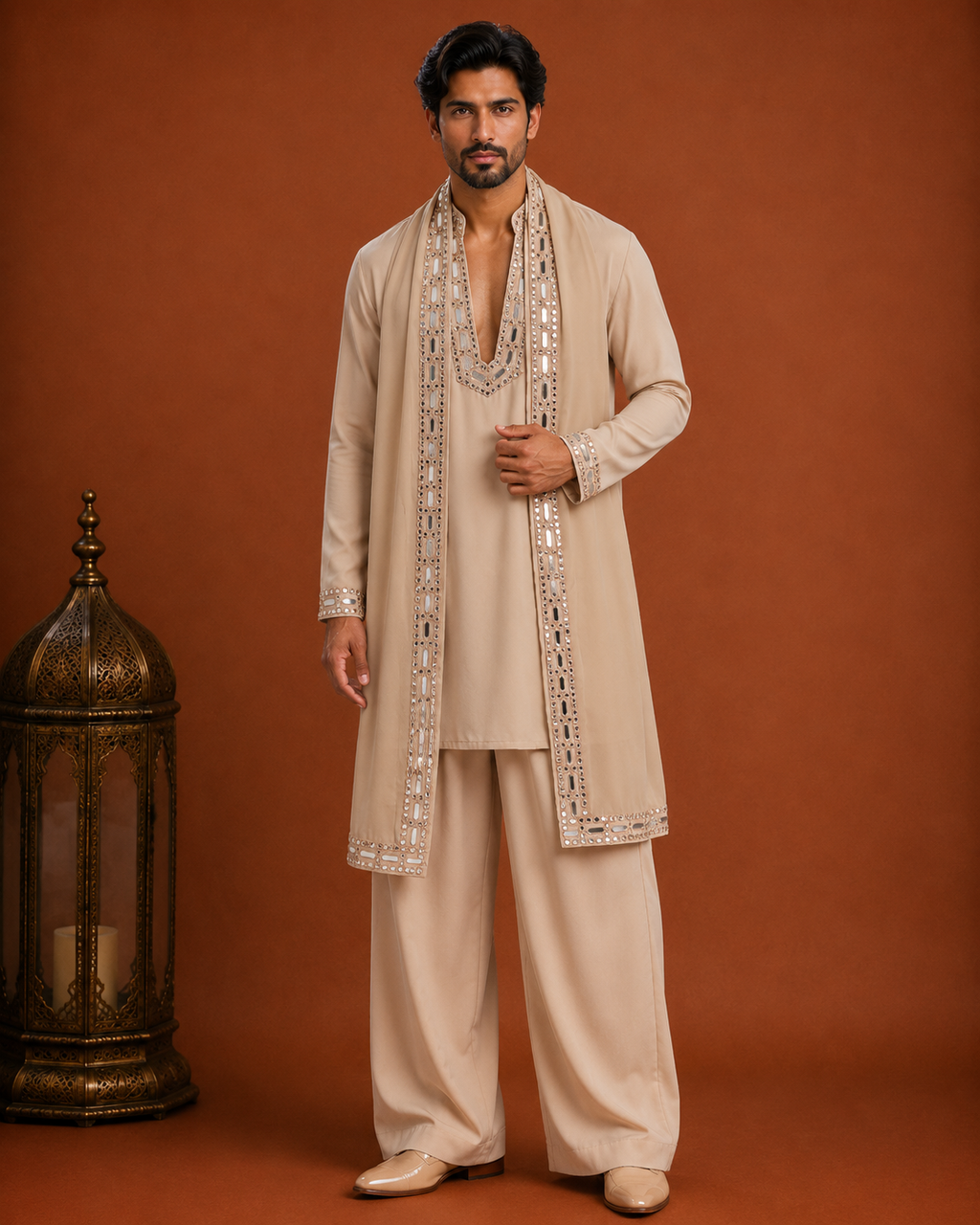 Men’s Beige Embroidered Kurta with Long Jacket | Premium Ethnic Wedding Wear