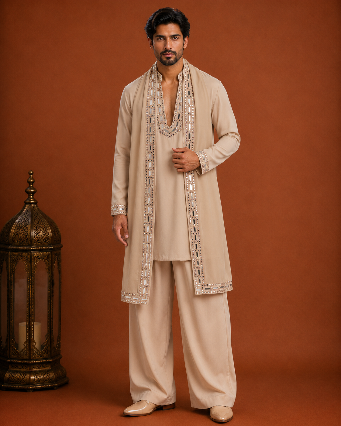 Men’s Beige Embroidered Kurta with Long Jacket | Premium Ethnic Wedding Wear