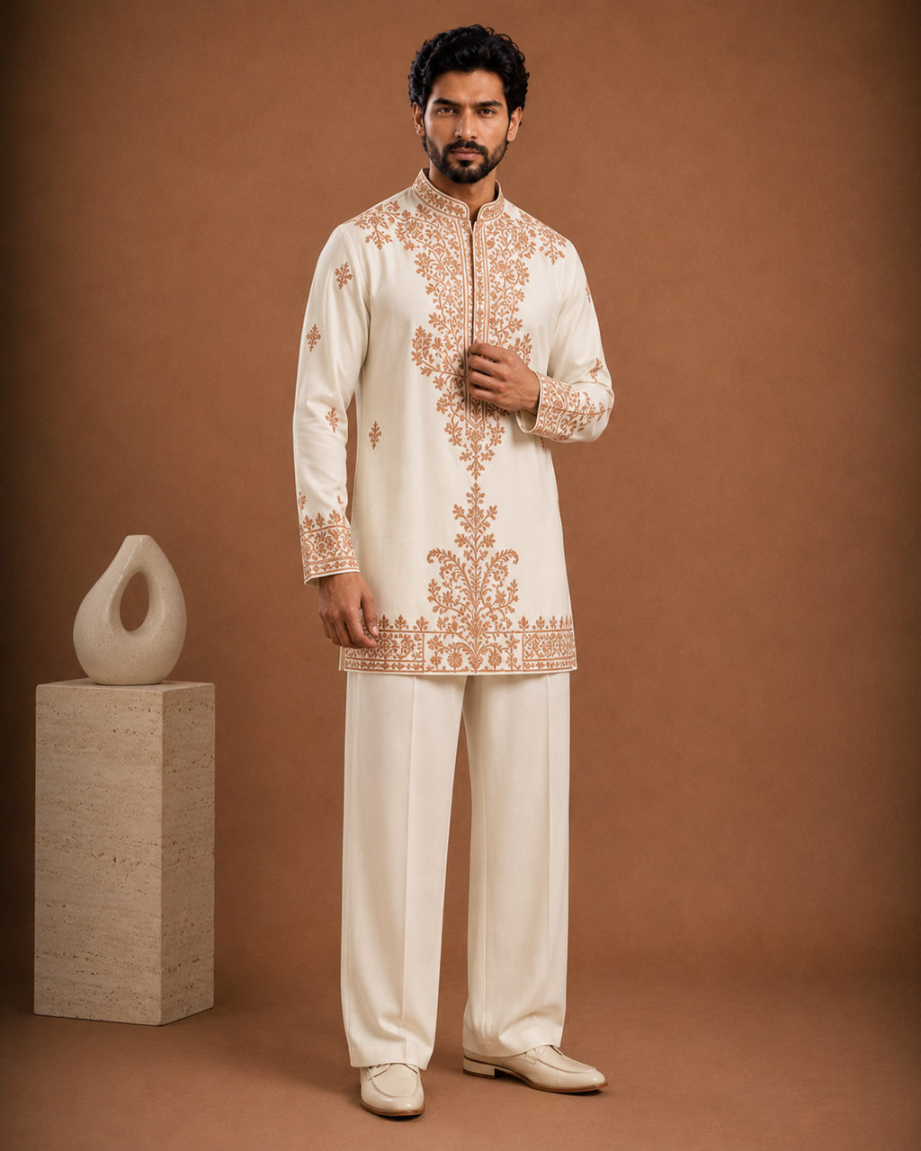 Off-White Gold Thread Embroidered Kurta for Men | Groom & Festive Wedding Wear