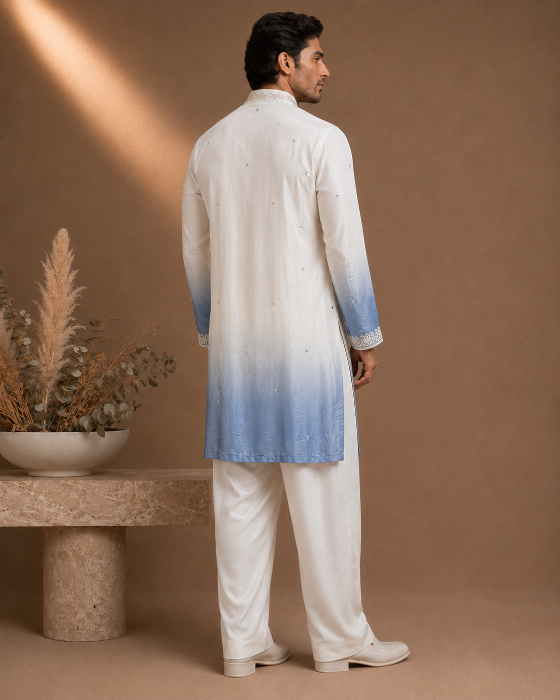 Ivory to Powder Blue Ombre Embroidered Kurta with Stole Set for Men | Festive & Wedding Wear