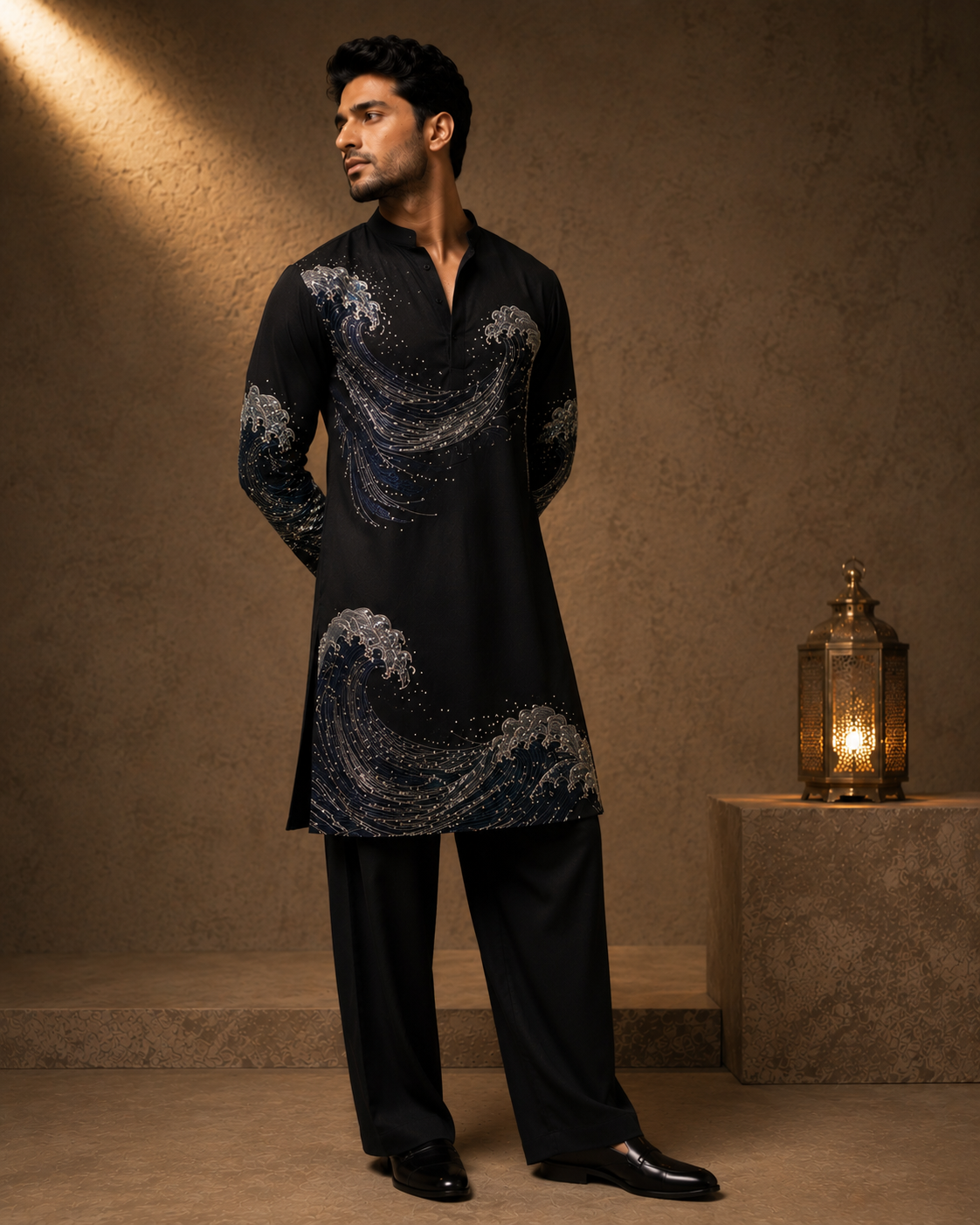 Black Oceanic Wave Hand-Embroidered Kurta for Men | Designer Festive & Party Wear