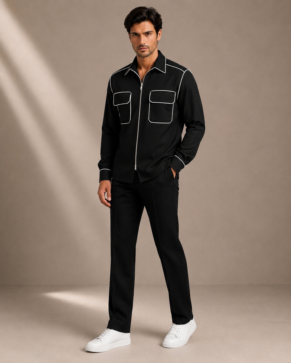 Men's Black Contrast Stitch Zip-Up Shirt | Premium Full Sleeve Casual & Party Wear Shirt