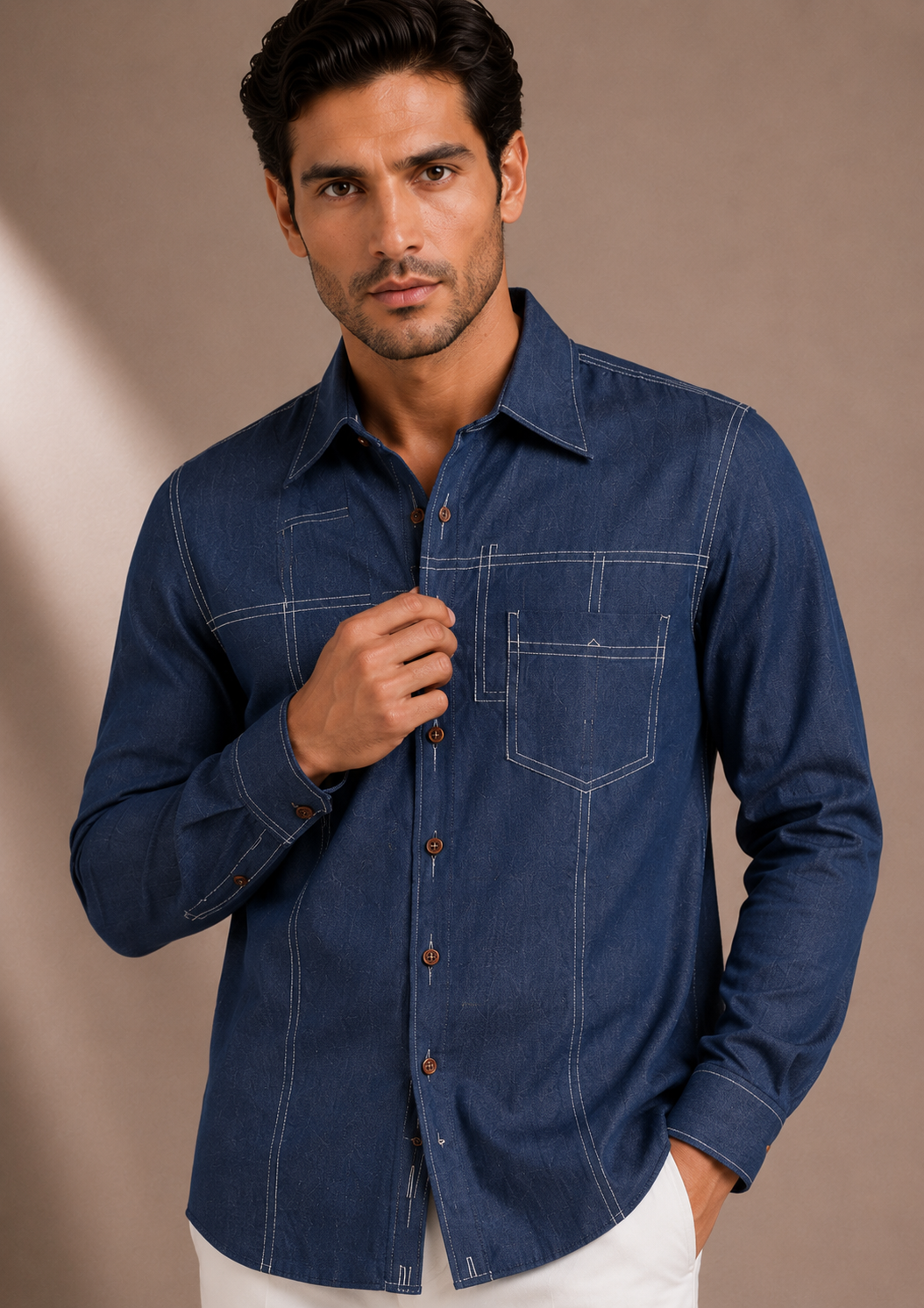 Men's Indigo Blue Premium Cotton Shirt with Contrast Stitching | Full Sleeve Casual & Smart Casual Shirt
