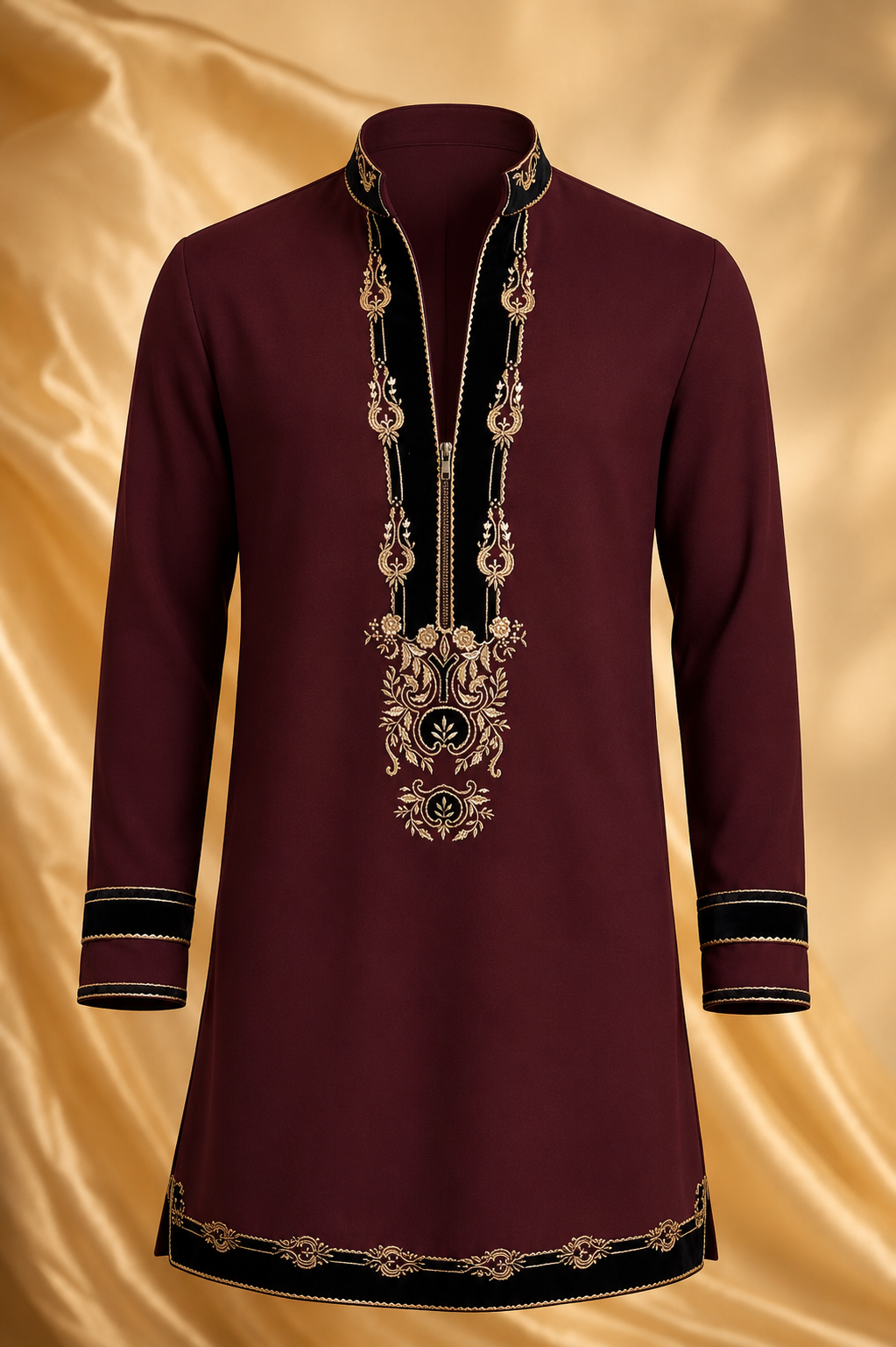 Burgundy Velvet Gold Embroidered Short Kurta for Men | Festive & Wedding Party Wear
