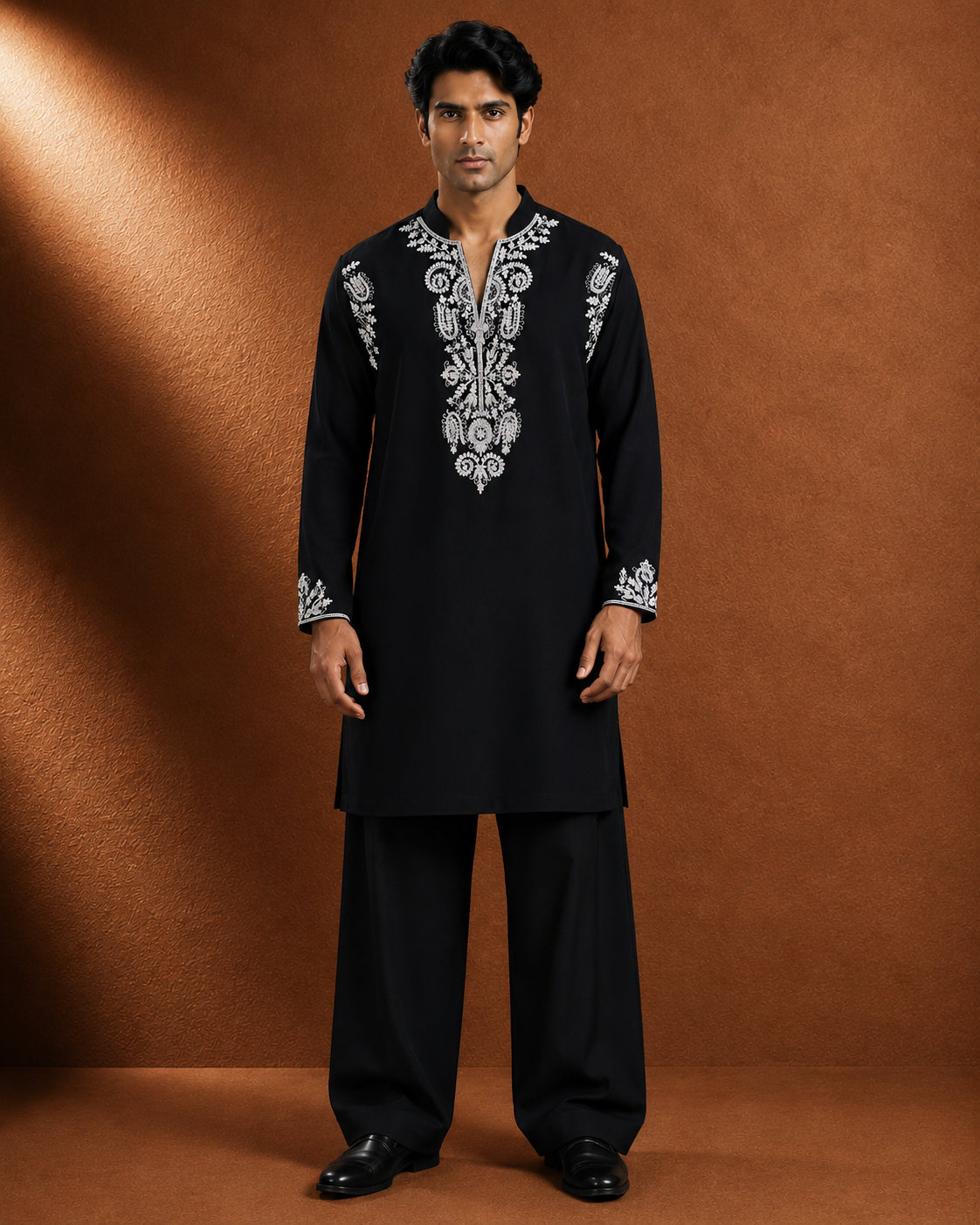 Men's Black Floral Embroidered Kurta | Premium Ethnic Wear for Festive & Wedding Occasions