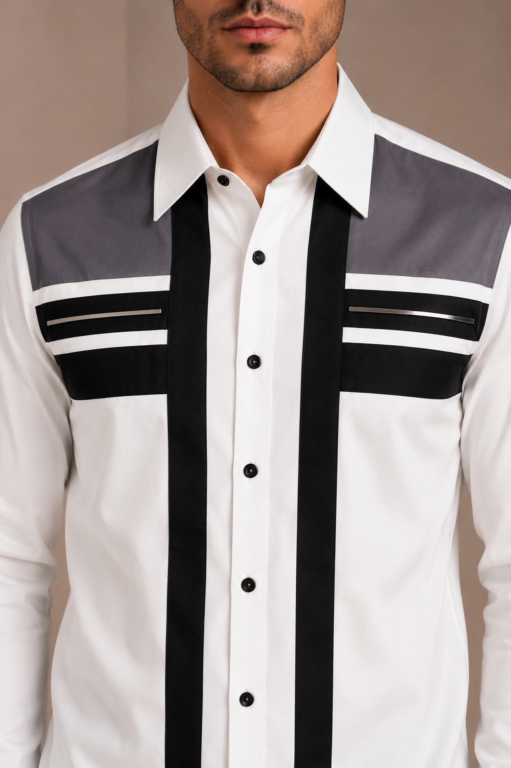 Men's White Designer Panel Shirt with Black Stripe Detail | Premium Casual Formal Shirt