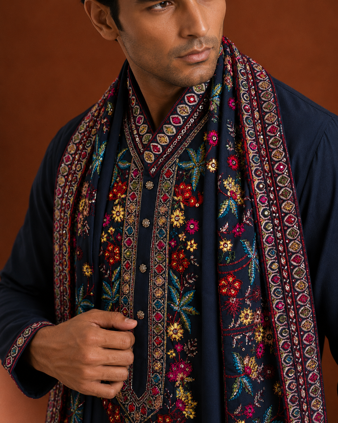 Men's Navy Blue Embroidered Kurta with Embroidered Stole