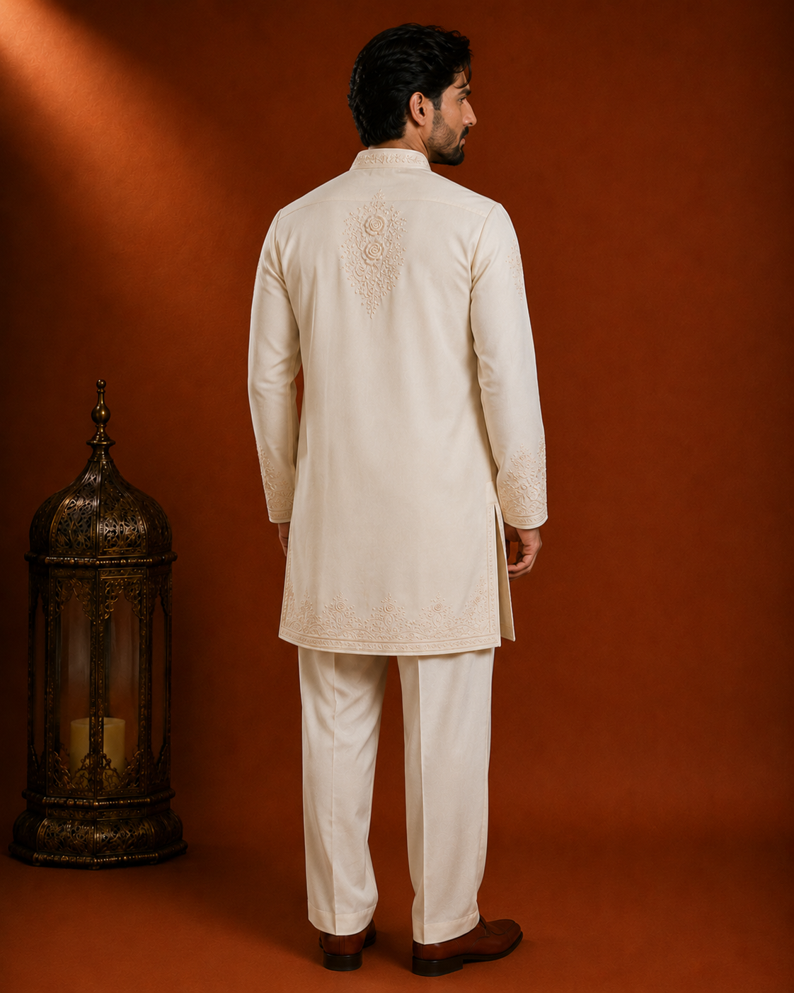 Cream Tone-on-Tone Embroidered Kurta for Men | Groom & Wedding Festive Wear