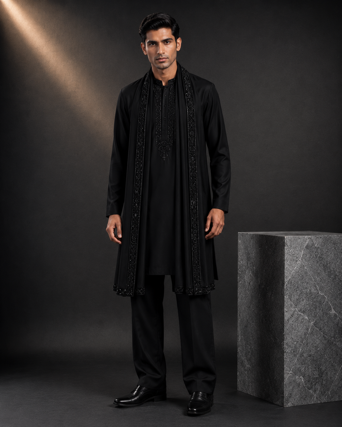 Men's Black Designer Kurta with Embroidered Stole | Premium Ethnic Kurta for Weddings, Festive Wear