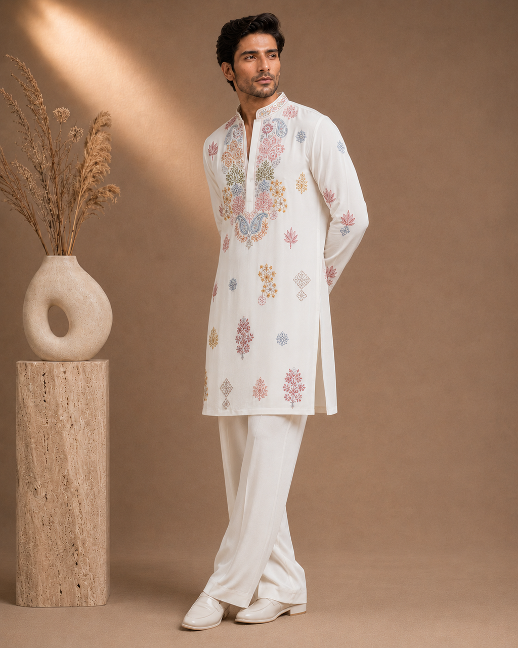 Off-White Multi-Color Kashmiri Embroidered Kurta for Men | Festive & Wedding Wear