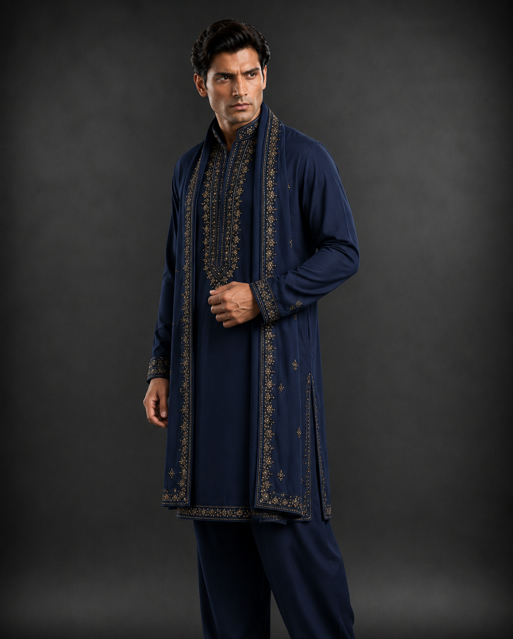 Navy Blue Embroidered Men's Kurta for Wedding, Festive & Ethnic Wear