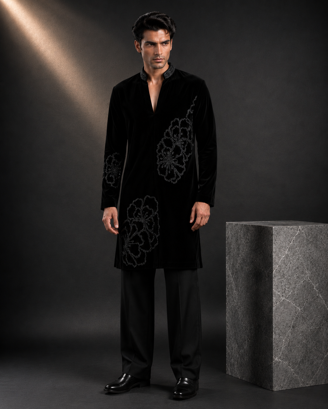 Men's Black Floral Embroidered Designer Kurta | Premium Ethnic Kurta for Weddings, Festive & Party Wear