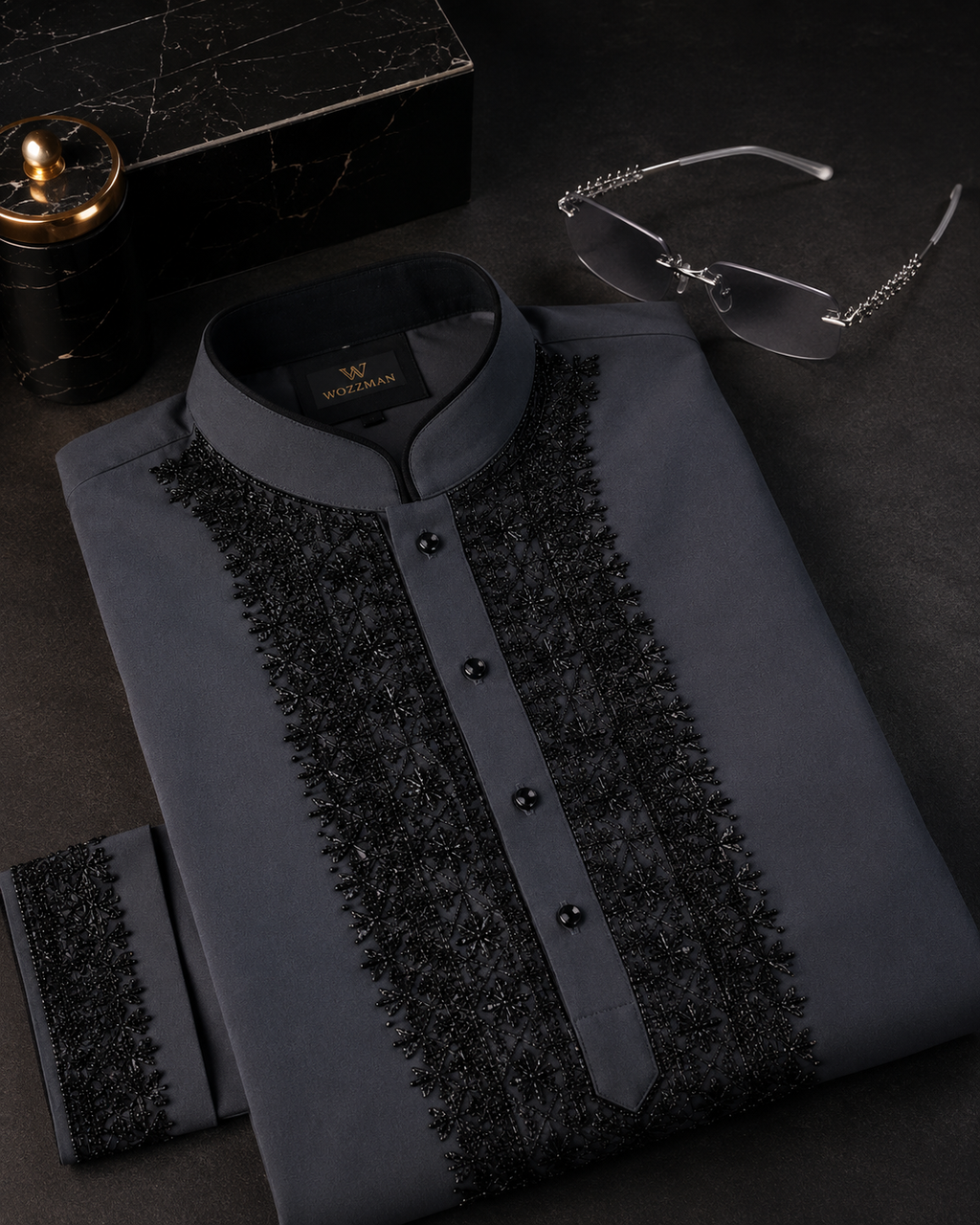Men’s Charcoal Grey Embroidered Kurta | Mandarin Collar Festive Wear