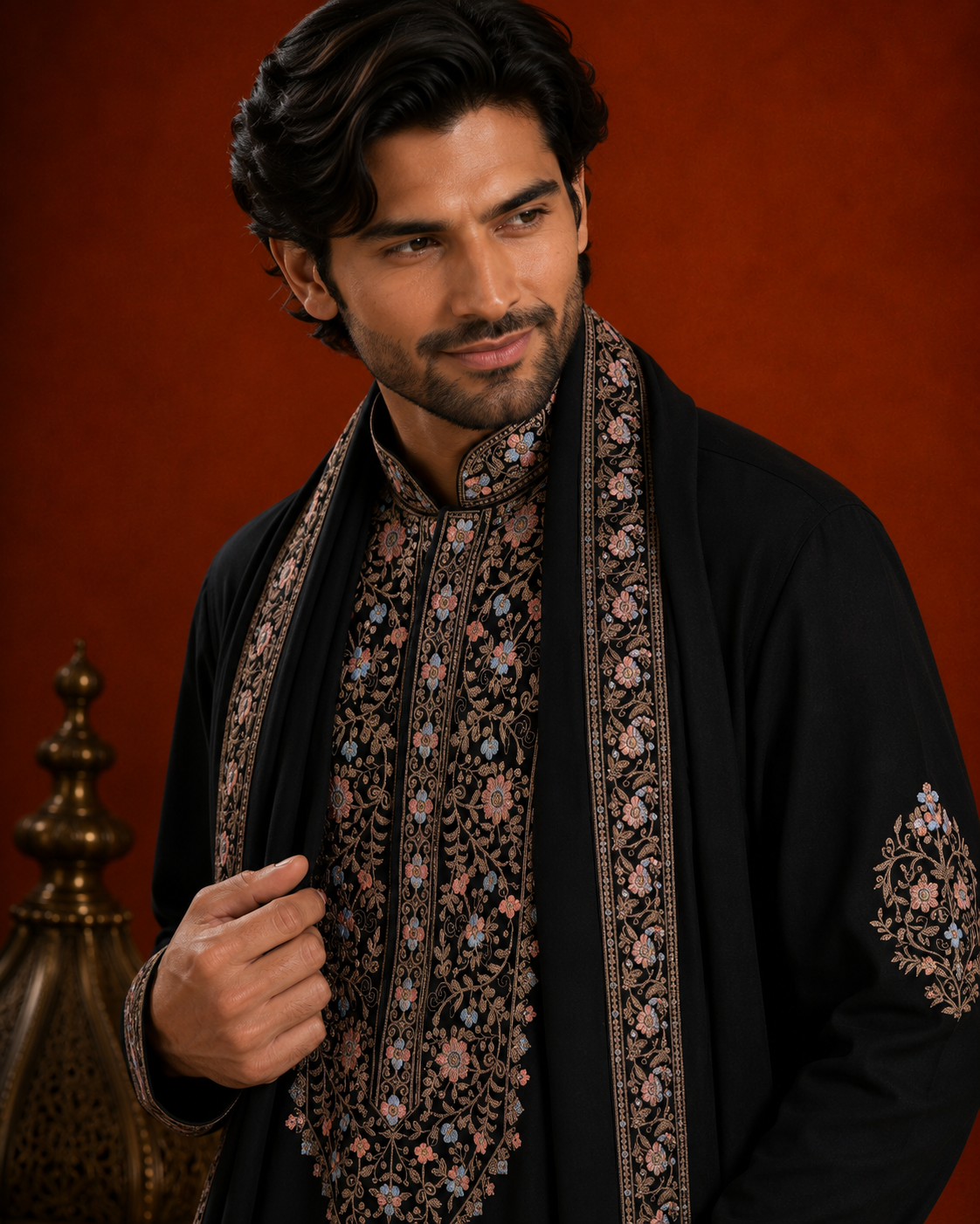 Men’s Black Embroidered Kurta with Printed Jacket & Dupatta | Premium Ethnic Wedding Wear