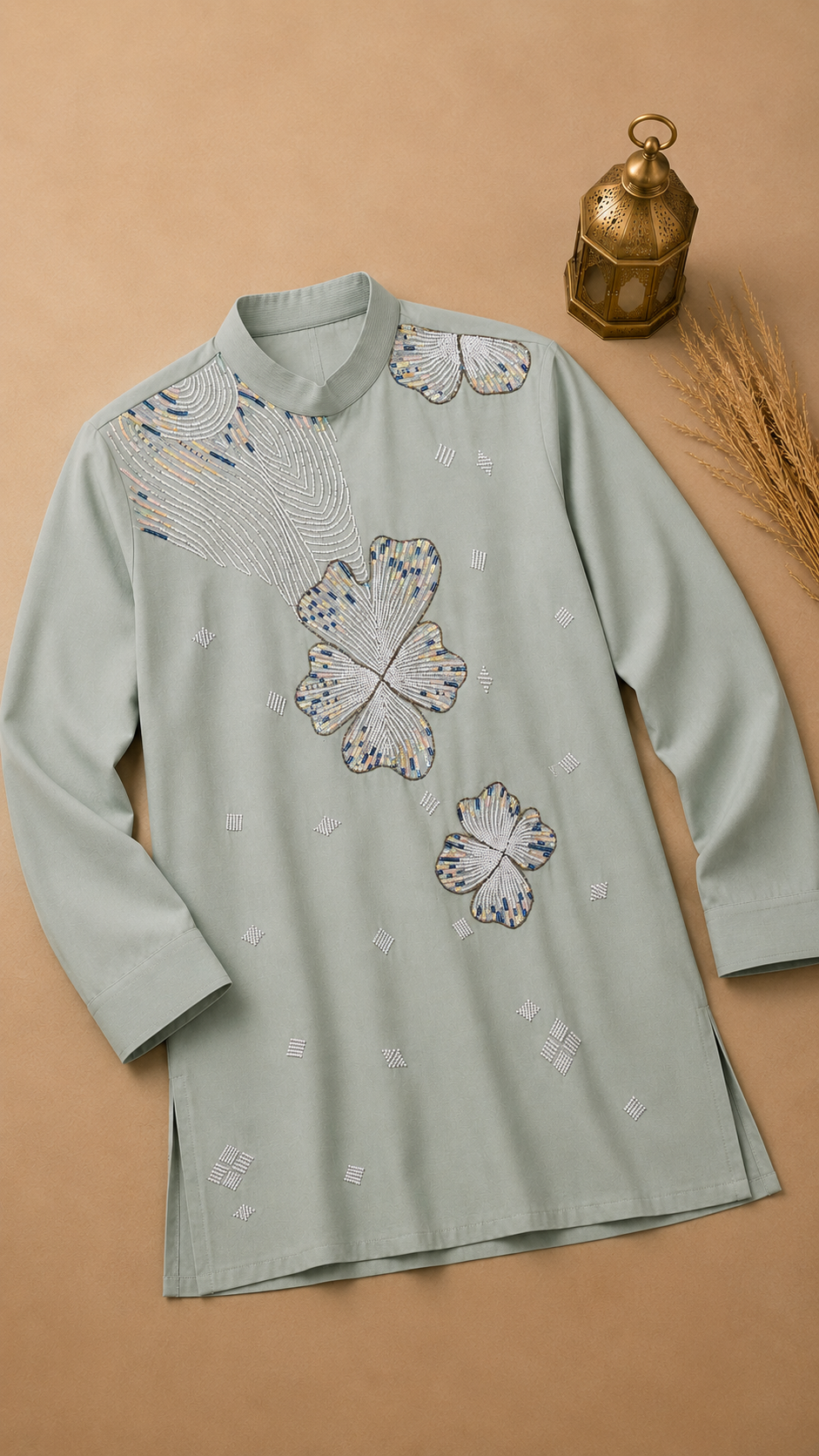 Pastel Mint Green Embroidered Kurta for Men