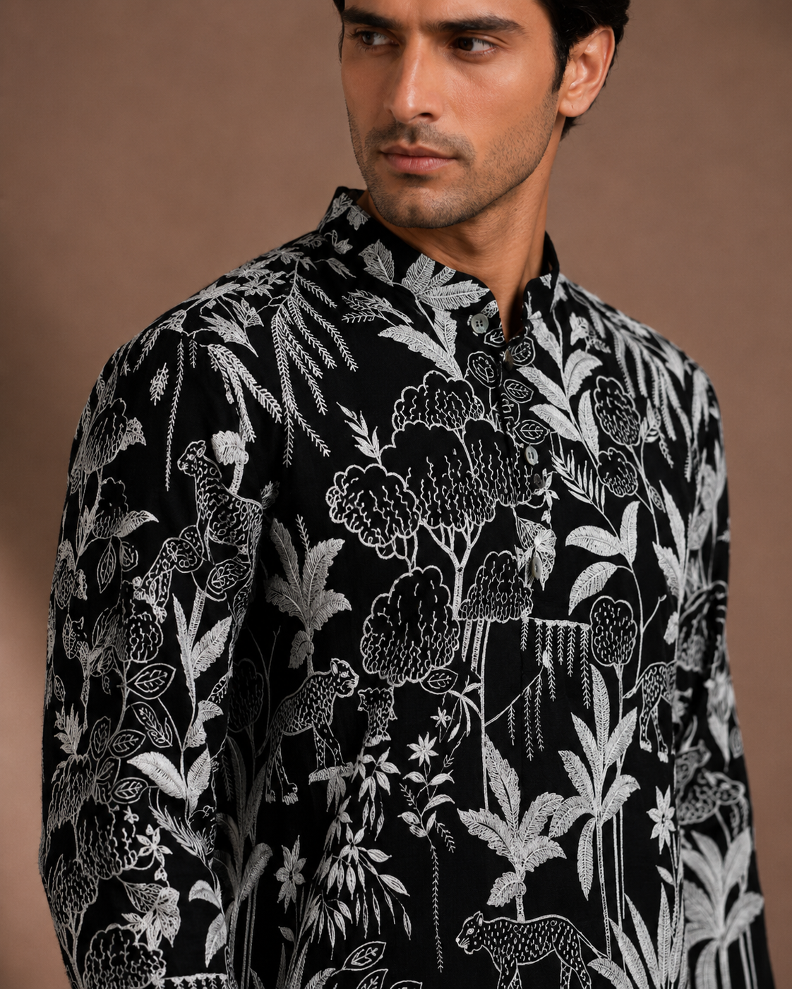 Men's Black Jungle Print Kurta | Premium Designer Ethnic Kurta for Festive & Wedding Wear