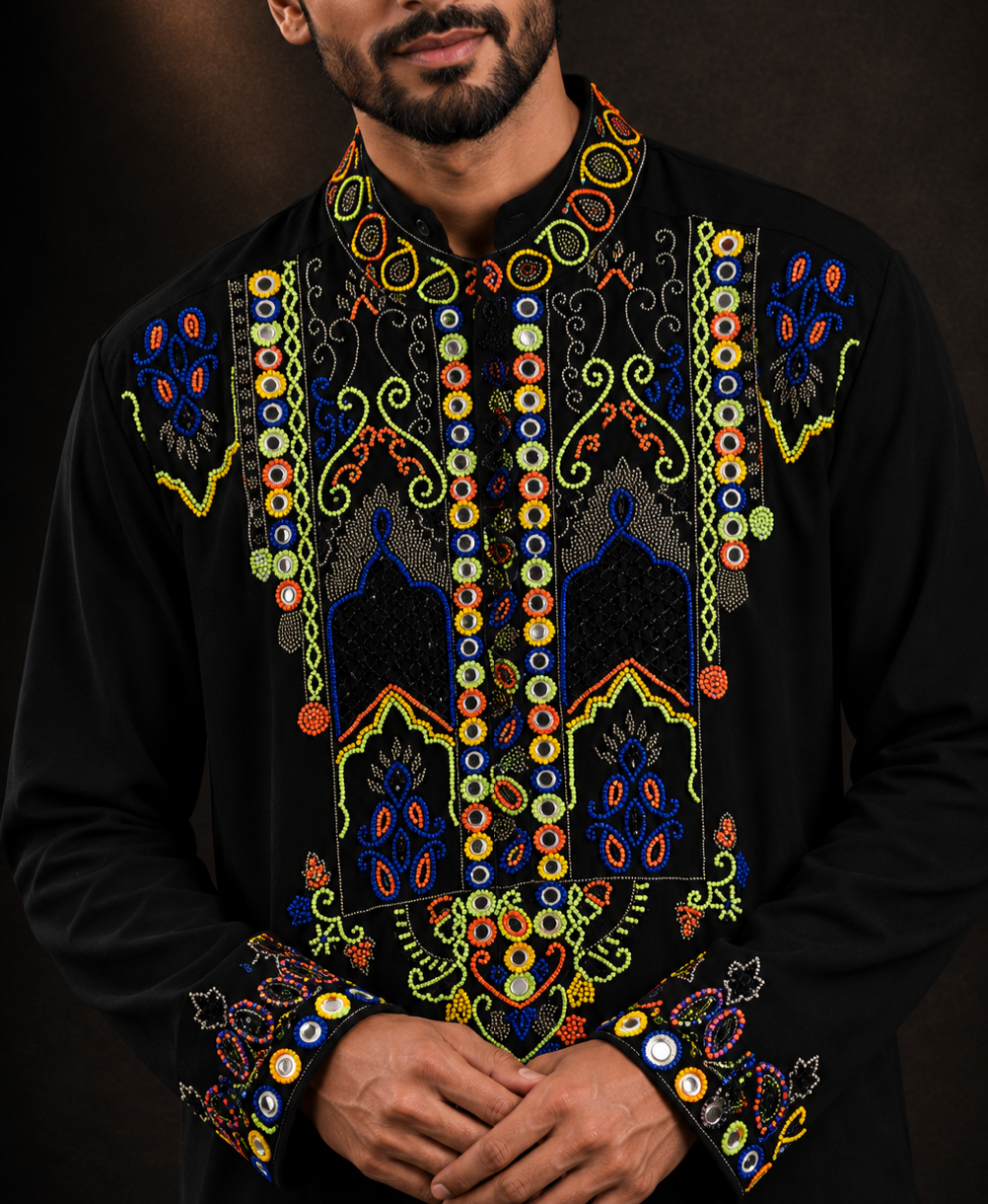 Men’s Black Multicolor Embroidered Kurta | Designer Ethnic Wear
