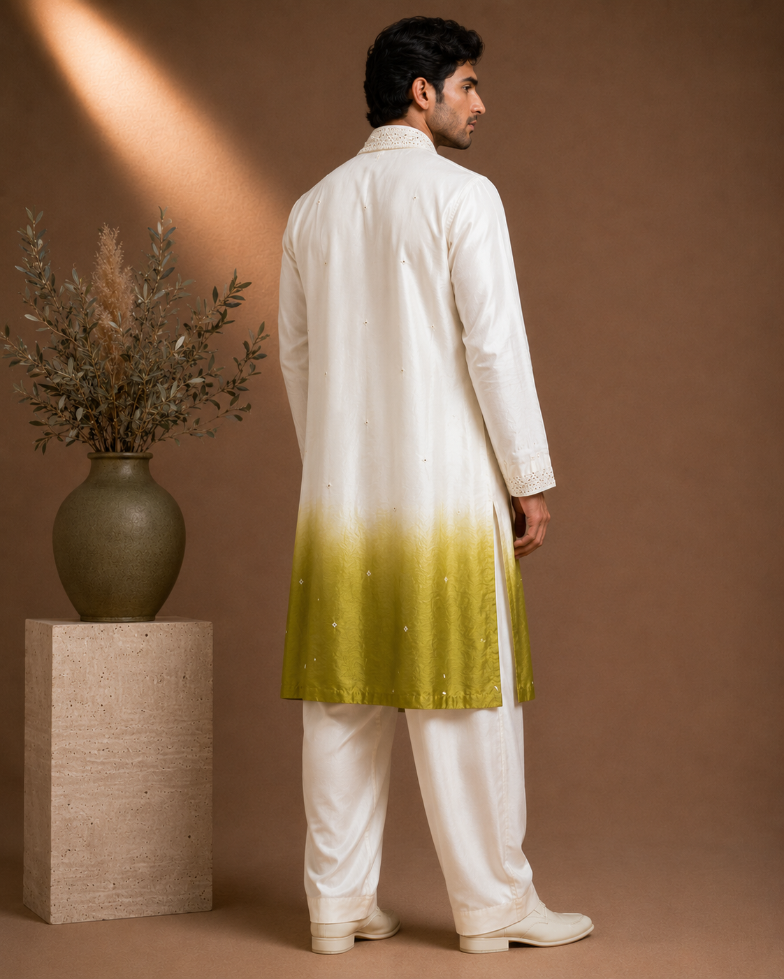 Ivory to Olive Green Ombre Silk Embroidered Kurta with Stole Set for Men | Mehendi & Wedding Festive Wear
