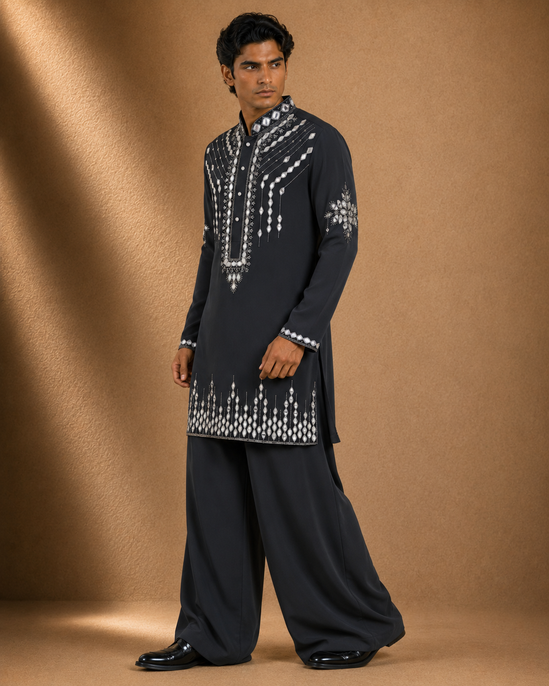 Men's Charcoal Grey Mirror Embroidered Kurta | Premium Ethnic Wear for Festive & Wedding Occasions