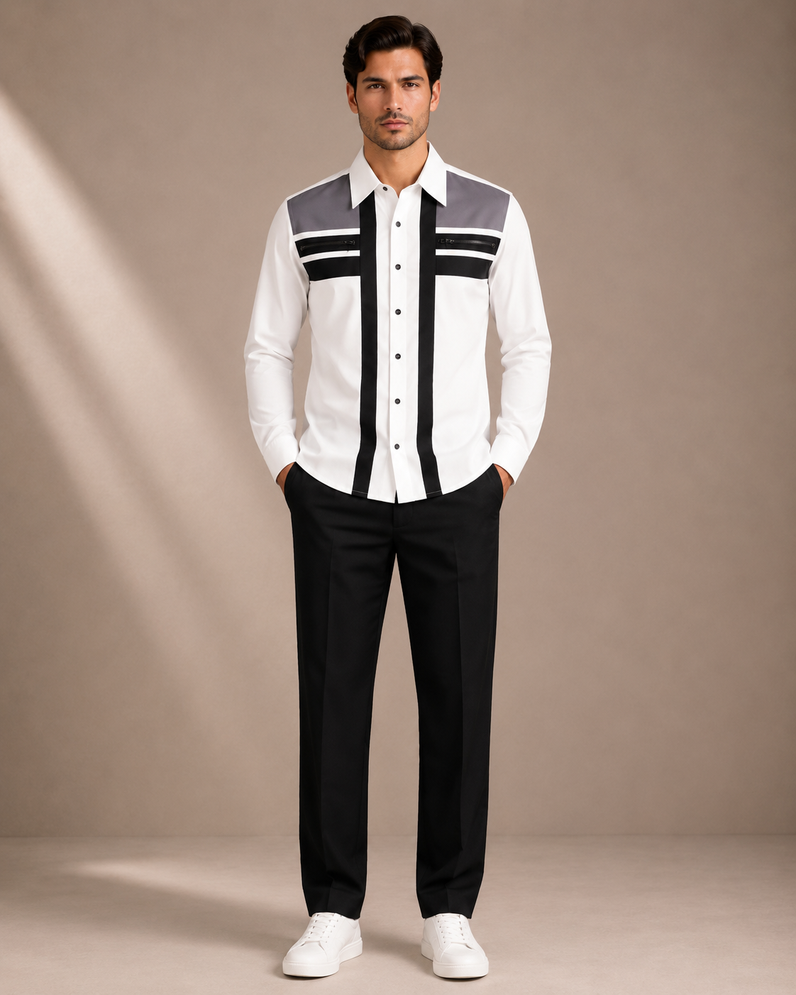 Men's White Designer Panel Shirt with Black Stripe Detail | Premium Casual Formal Shirt