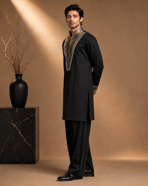 Black Metallic Lapel Embroidered Kurta for Men | Contemporary Festive & Cocktail Wear