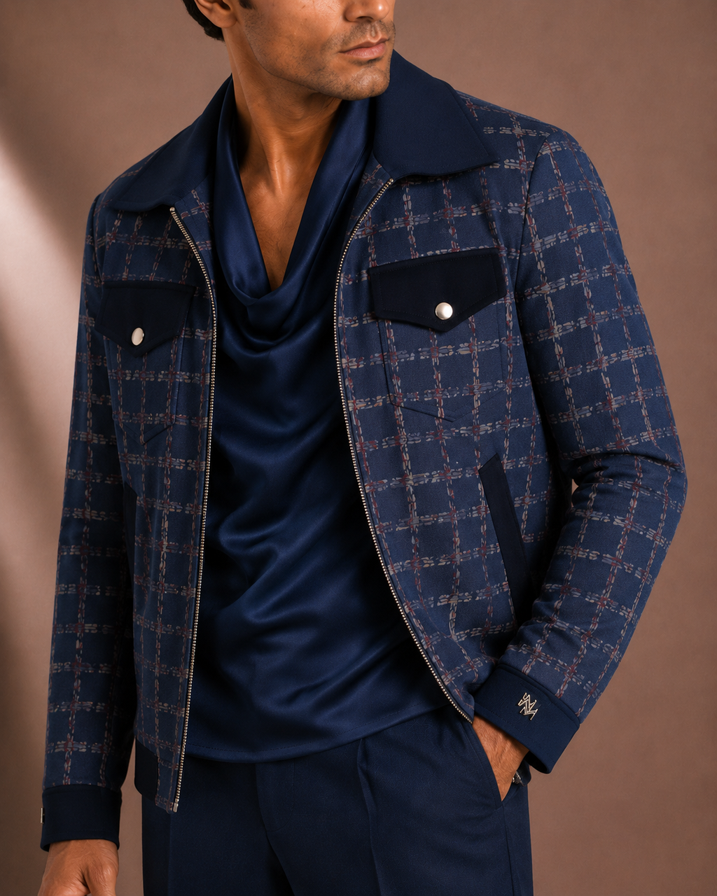 Men's Premium Navy Blue Checked Bomber Jacket | Regular Fit Zip-Up Casual Jacket
