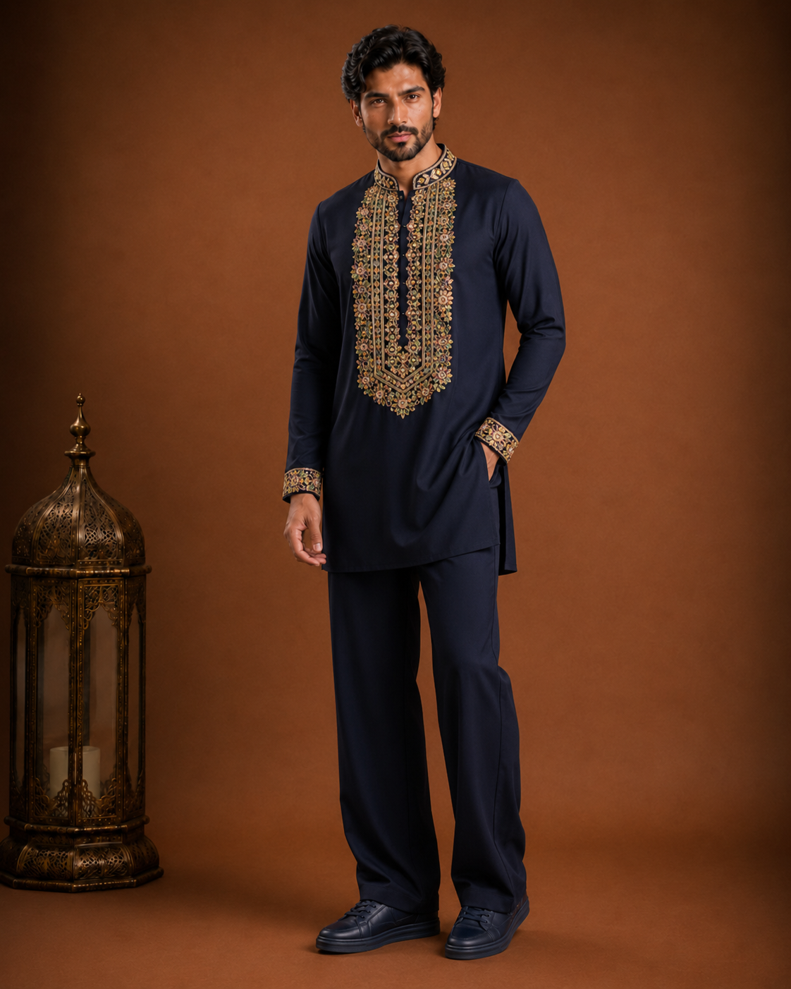 Midnight Navy Multi-Color Embroidered Kurta for Men | Festive & Wedding Party Wear