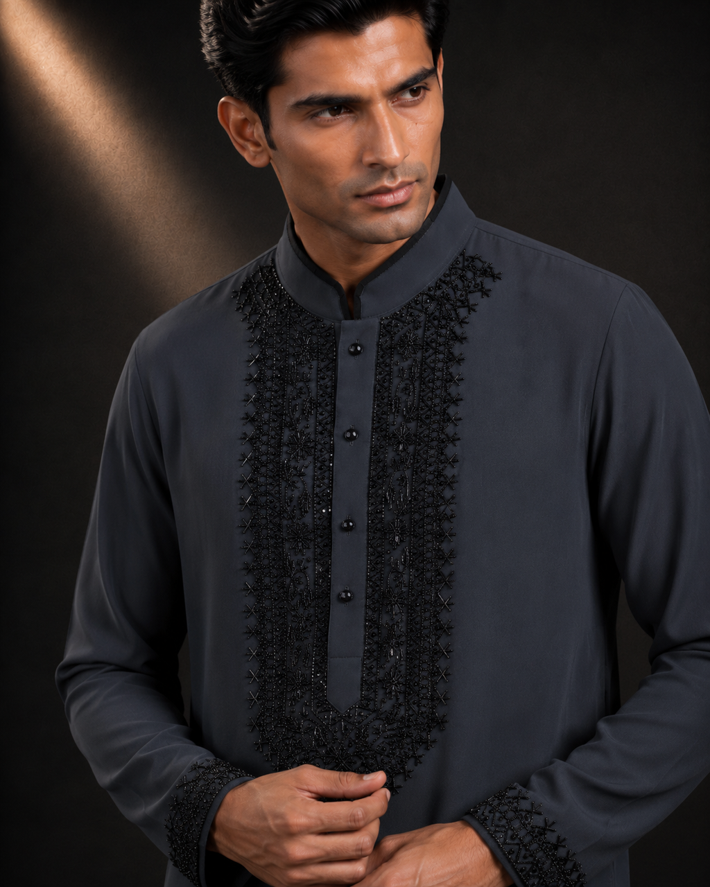 Men’s Charcoal Grey Embroidered Kurta | Mandarin Collar Festive Wear