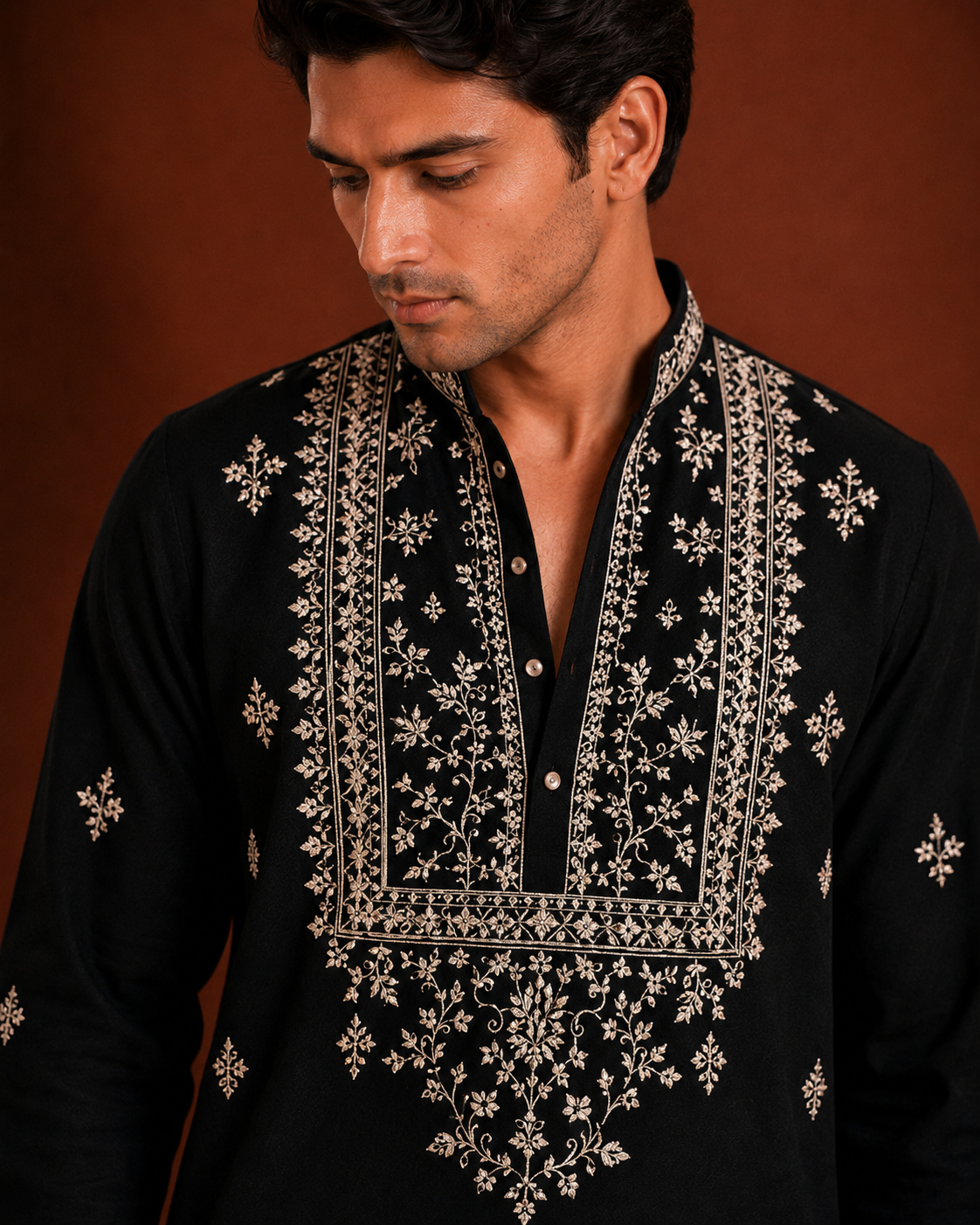 Black Silver-Ivory Embroidered Kurta for Men | Festive & Wedding Party Wear