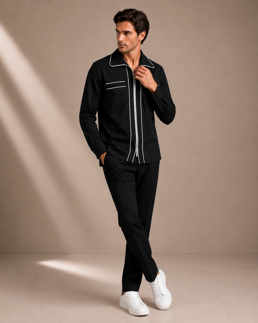 Men's Black Contrast Zip Shirt | Premium Full Sleeve Designer Smart Casual Shirt