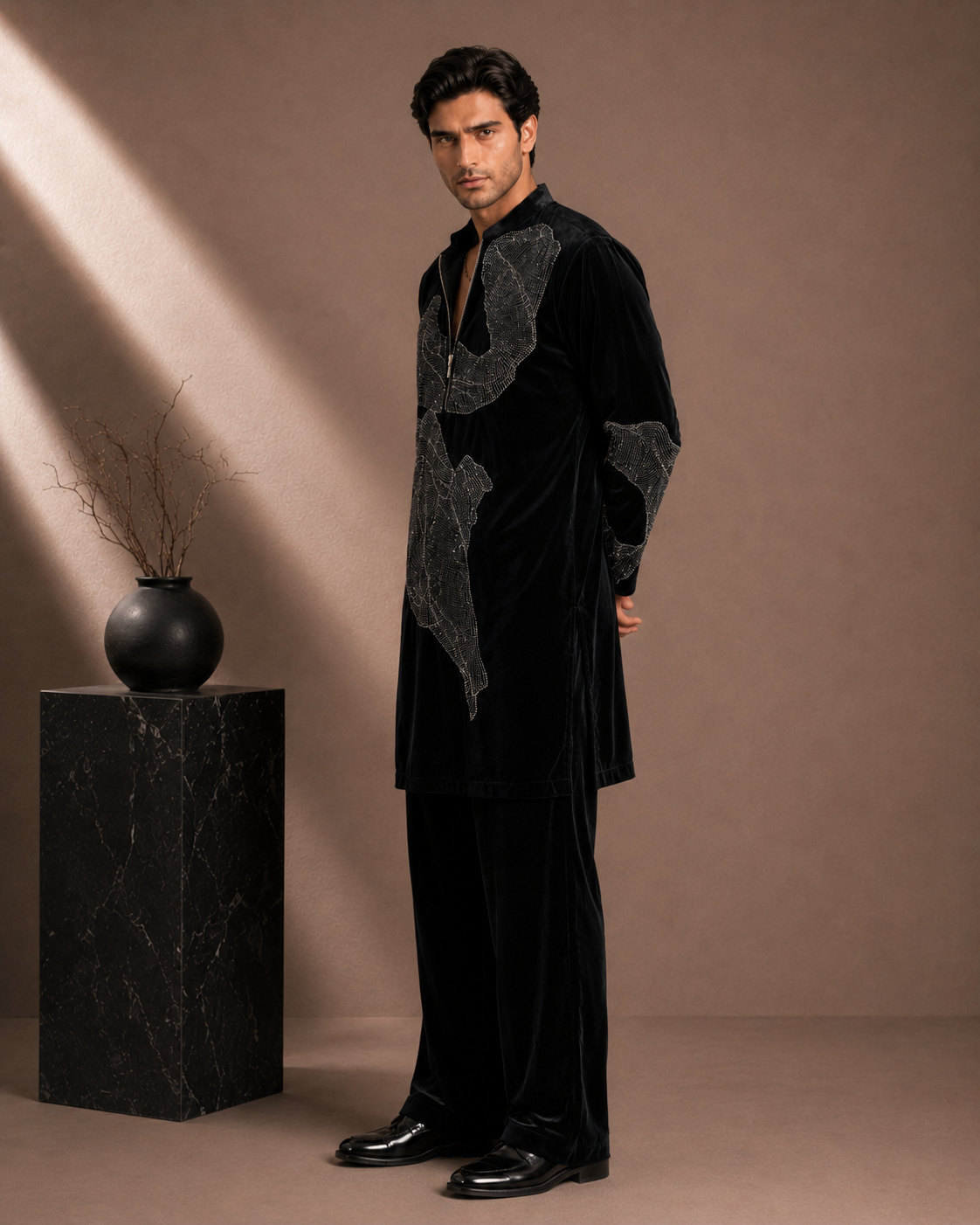 Black Velvet Zip-Front Embroidered Kurta for Men | Contemporary Festive & Party Wear