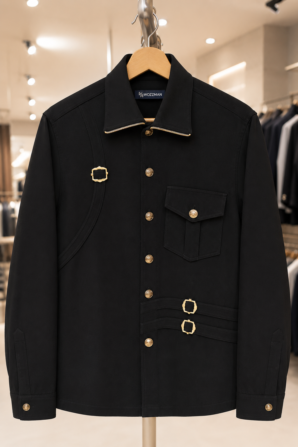 Men's Black Designer Utility Shirt | Premium Full Sleeve Smart Casual Button-Down Shirt with Gold Hardware