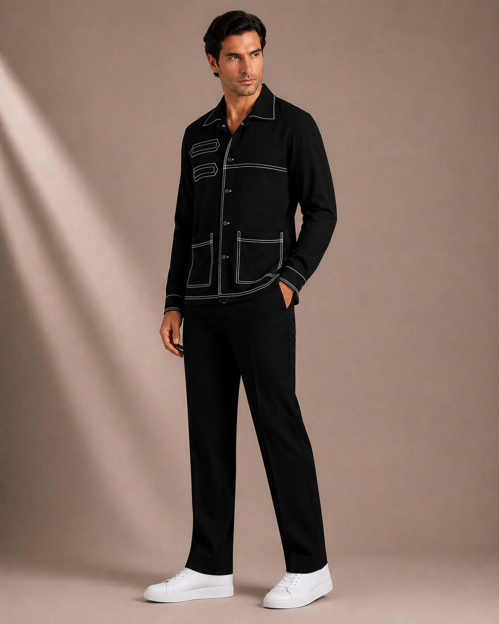 Men's Black Contrast Stitch Utility Overshirt | Premium Full Sleeve Button-Down Casual Shirt Jacket